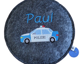 Sitzkissen Filz rund personalisiert Namen & Polizeiauto 30 cm