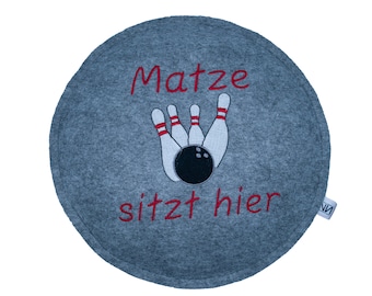 Sitzkissen Filz rund personalisiert Namen & Bowling Kegel 35 cm