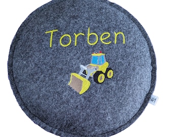 Seat cushion felt round personalized name & excavator 30 cm