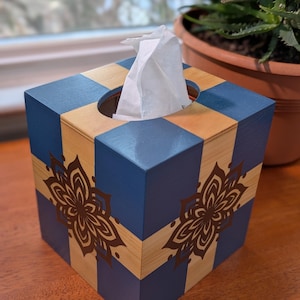 Square Tissue Box Cover Dusty Blue and Bronze Flower