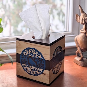 Square Wooden Tissue Box Cover – Rustic Bird & Floral Design in Blue and Brown