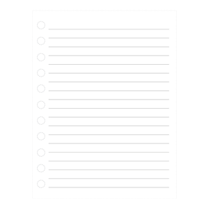 Puede incluir: Una hoja de papel blanca en blanco con una línea punteada en el lado izquierdo y líneas horizontales a través de la página. Hay 15 círculos a lo largo de la línea punteada.