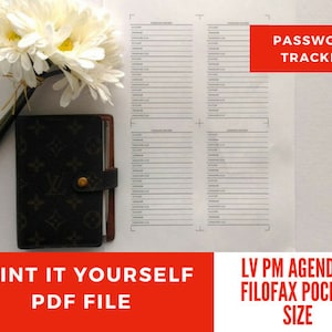 May include: Printable password tracker in PDF format for use with LV PM Agenda or Filofax Pocket size organizers. The image shows a white background with a printed sheet of paper, a brown leather notebook, and white flowers.