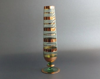 Gold striped transparent green pedestal bud vase