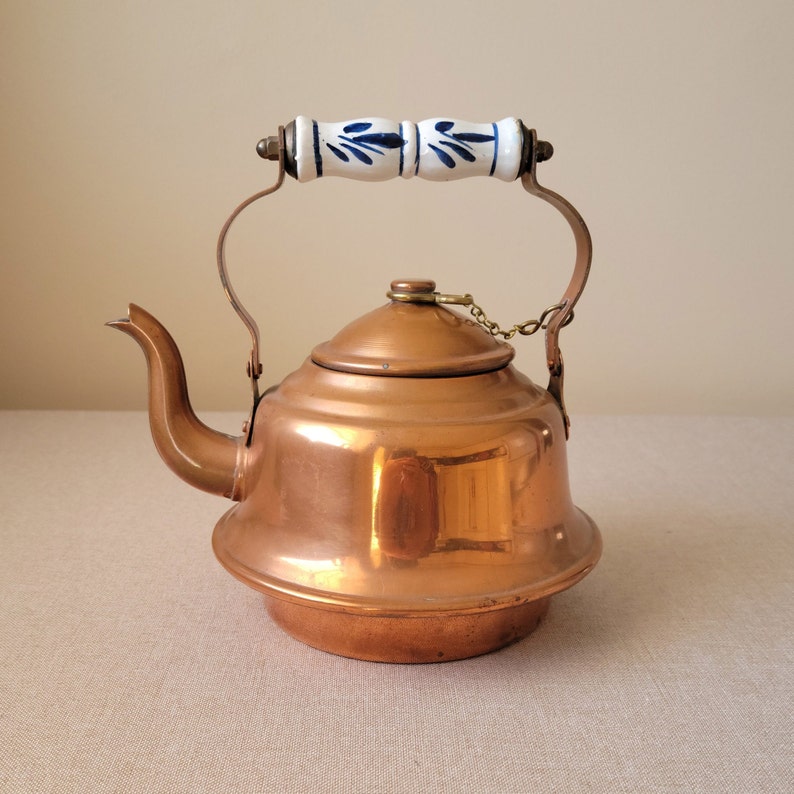 Small copper teapot Tin lined kettle with porcelain handle Rustic kitchen decor image 5