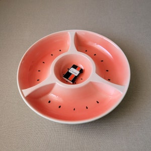 Serving bowl WATERMELON with four sections Green/pink salad plate Vintage pottery Table centerpiece image 9