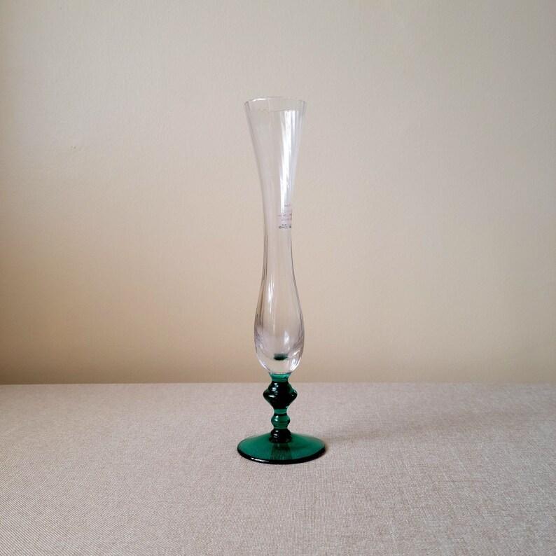 Crystal transparent/teal pedestal bud vase Made in France Contemporary fluid vase Christmas home decor image 2