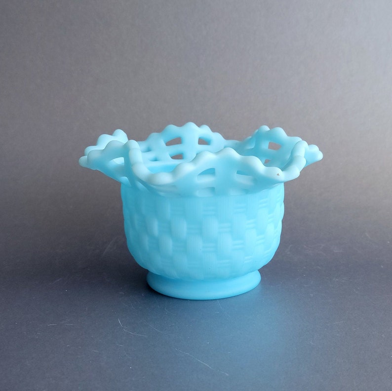 FENTON blue satin basket bowl Vintage candy dish Jam jelly pot Collectible depression glass image 1