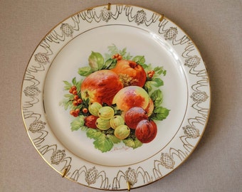 Artist signed decorative plate 24k gold hand painted plate Apple fruit wall decor Collectible china plate