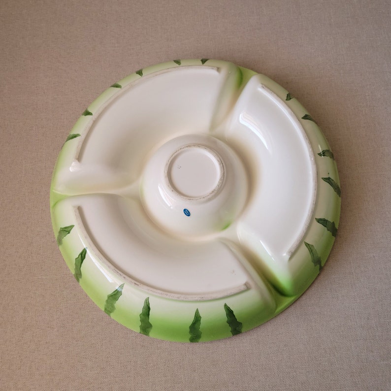 Serving bowl WATERMELON with four sections Green/pink salad plate Vintage pottery Table centerpiece image 6