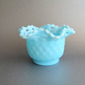 FENTON blue satin basket bowl Vintage candy dish Jam jelly pot Collectible depression glass image 8