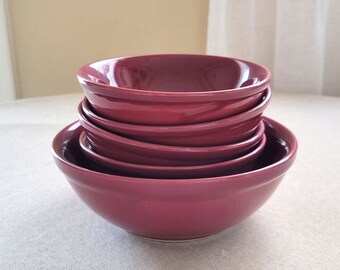 Salad bowl set Burgundy glazed ceramic soup dishes Vintage pottery Farmhouse kitchen decor