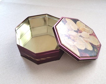 Burgundy tin can MAGNOLIA decorative container  Lidded tin pastries canister Metal cookie box