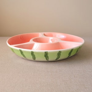 Serving bowl WATERMELON with four sections Green/pink salad plate Vintage pottery Table centerpiece image 3