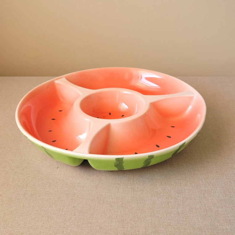 Serving bowl WATERMELON with four sections Green/pink salad plate Vintage pottery Table centerpiece image 2