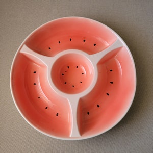 Serving bowl WATERMELON with four sections Green/pink salad plate Vintage pottery Table centerpiece image 4