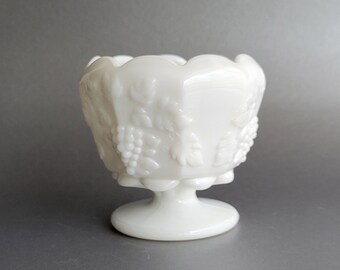 Small milk glass compote Vanity trinket dish Vintage pedestal bowl White candy dish  Scalloped edge vase