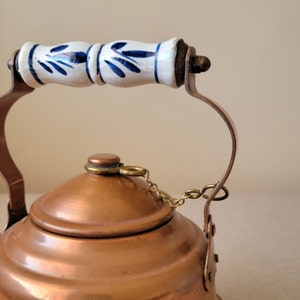 Small copper teapot Tin lined kettle with porcelain handle Rustic kitchen decor image 3