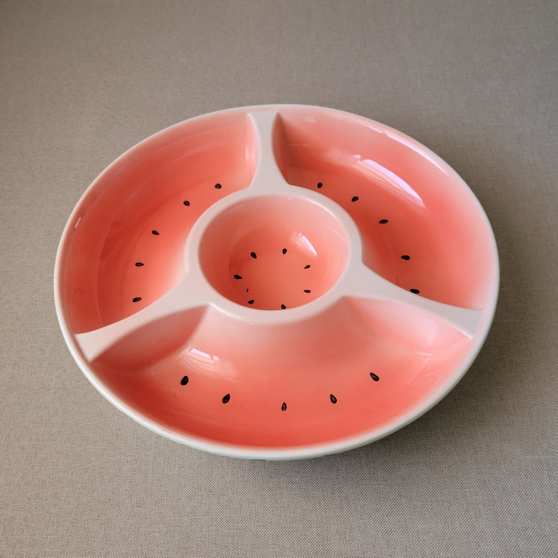 Serving bowl WATERMELON with four sections Green/pink salad plate Vintage pottery Table centerpiece image 7