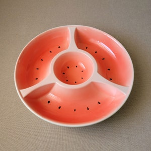 Serving bowl WATERMELON with four sections Green/pink salad plate Vintage pottery Table centerpiece image 1