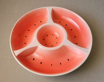 Serving bowl WATERMELON with four sections Green/pink salad plate Vintage pottery Table centerpiece