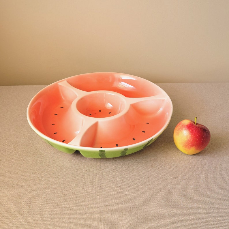 Serving bowl WATERMELON with four sections Green/pink salad plate Vintage pottery Table centerpiece image 5