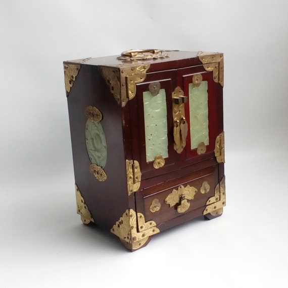 South East Asia China 70s 80s brass ornaments and glass cabochons box Jewelry box Rosewood