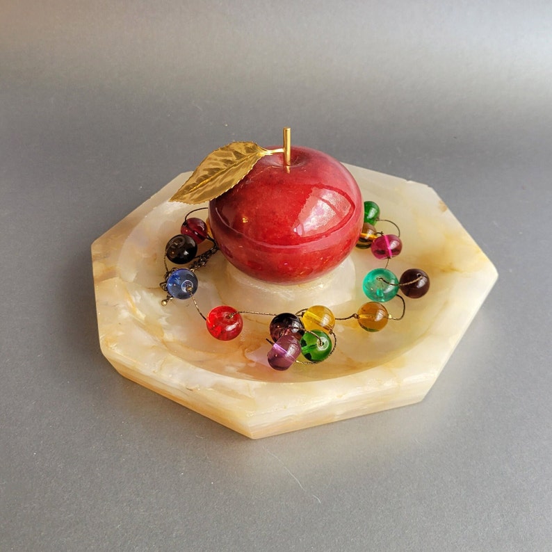 Carved onyx trinket plate Stone jewelry dish Alabaster office desk organizer Vanity or desk decor image 1