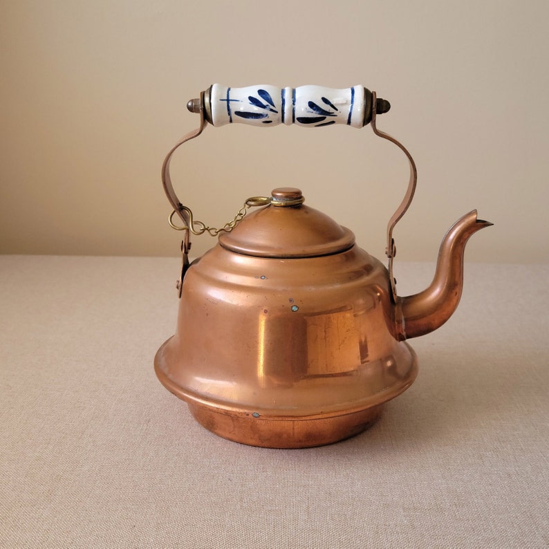 Small copper teapot Tin lined kettle with porcelain handle Rustic kitchen decor image 10
