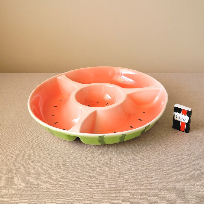 Serving bowl WATERMELON with four sections Green/pink salad plate Vintage pottery Table centerpiece image 10