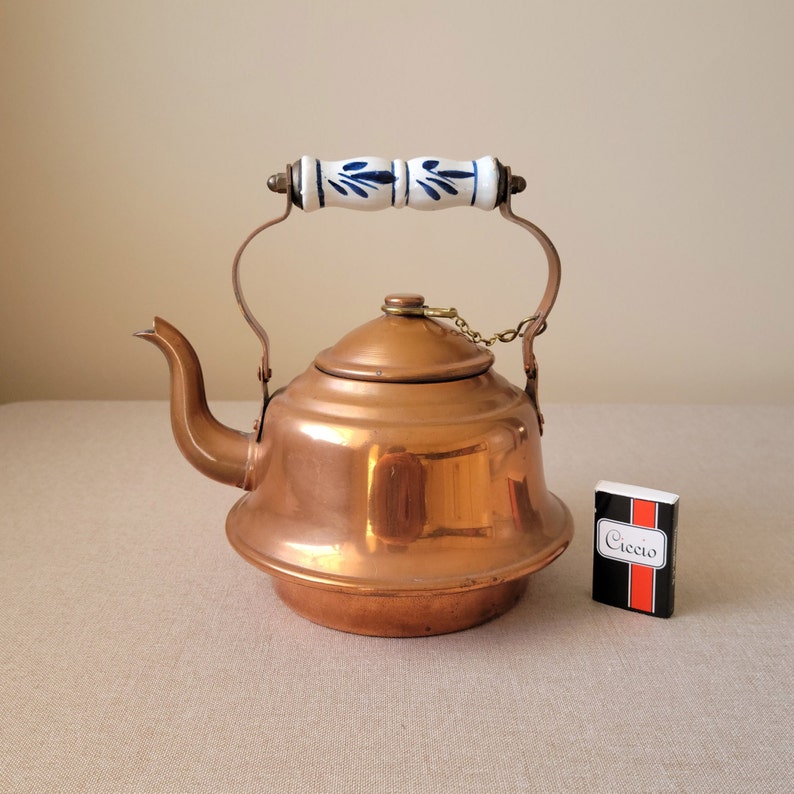 Small copper teapot Tin lined kettle with porcelain handle Rustic kitchen decor image 1