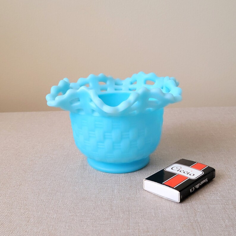 FENTON blue satin basket bowl Vintage candy dish Jam jelly pot Collectible depression glass image 10
