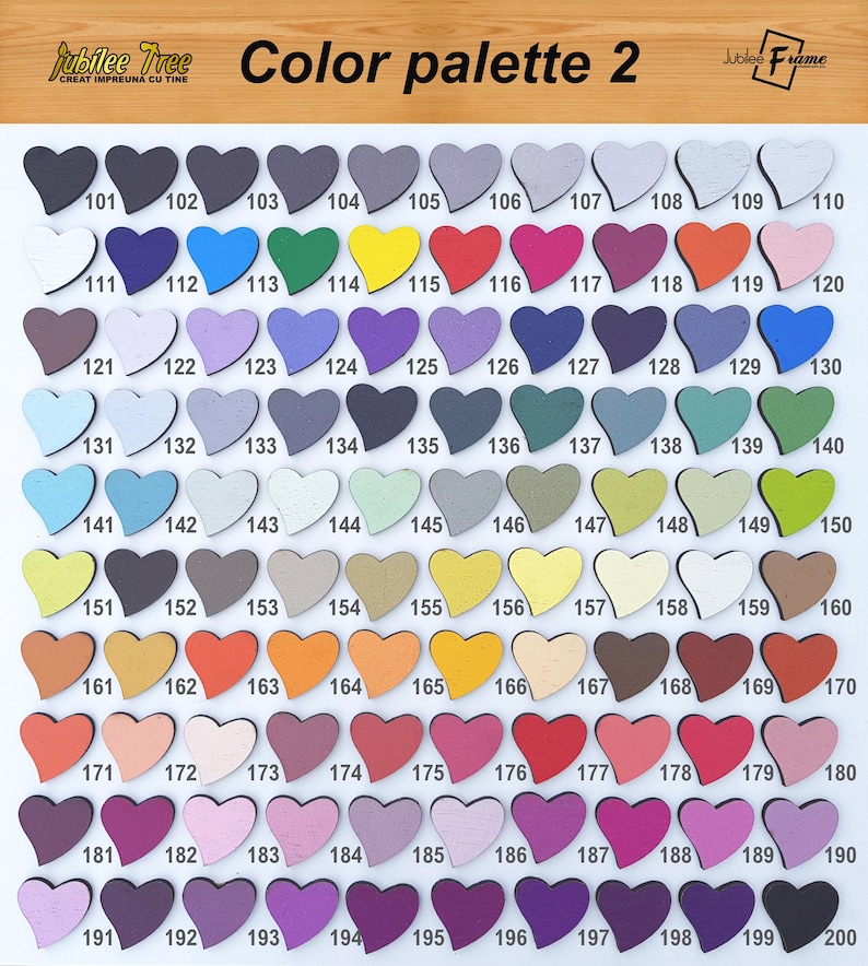 May include: A color palette chart with 200 different shades of paint, displayed in heart shapes. The chart is labeled "Color palette 2".