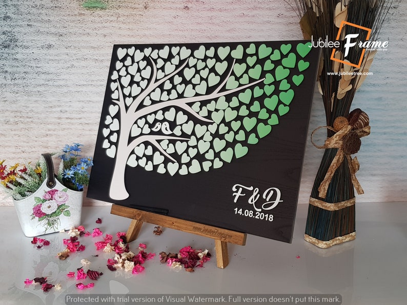 Tree with Green White leaves Wedding Tree guest book Alternative Guestbook wood hearts Rustic wedding Unique Custom Guest book sign in