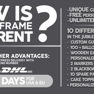 May include: A black and white graphic with the text "How is Jubilee Frame Different?" and a question mark. The graphic also includes a list of features and benefits of the Jubilee Frame, including unique guestbook models, free personalized drafts, unlimited free modifications, and 10 different items in the package. The graphic also includes a DHL logo and the text "Only 3-5 days for USA & EU".