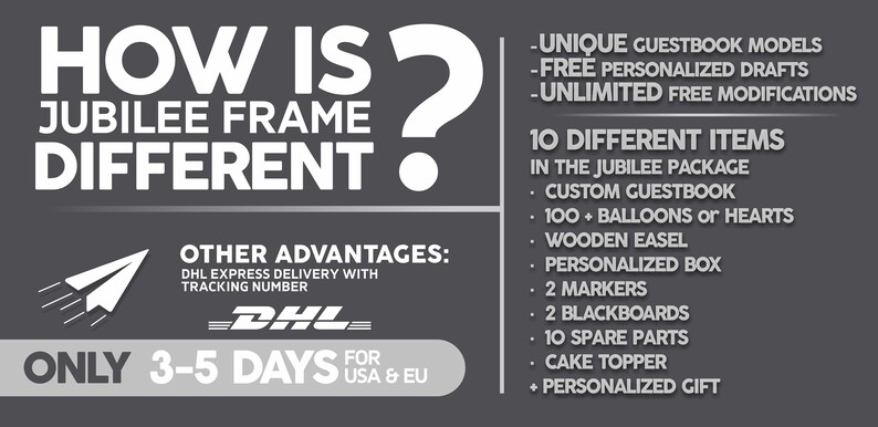 May include: A black and white graphic with the text "How is Jubilee Frame Different?" and a question mark. The graphic also includes a list of features and benefits of the Jubilee Frame, including unique guestbook models, free personalized drafts, unlimited free modifications, and 10 different items in the package. The graphic also includes a DHL logo and the text "Only 3-5 days for USA & EU".