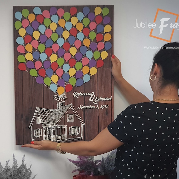 Guestbook Alternative, Frame with Custom Name Date Disney Up House Multicolor Balloon Wood Sign for Wedding Engagement Baby Shower