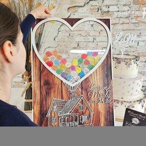Buzón para bodas con forma de libro de visitas: temática de casa y globos, decoración rústica de madera, soporte para mensajes personalizados para fichas de deseos de invitados, recuerdo único