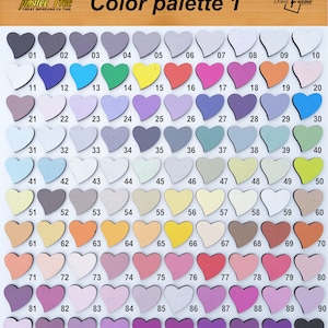 May include: A color palette chart with 100 different shades of paint displayed in heart shapes. The chart is labeled "Color palette 1" and is part of a larger collection called "Jubilee Tree".