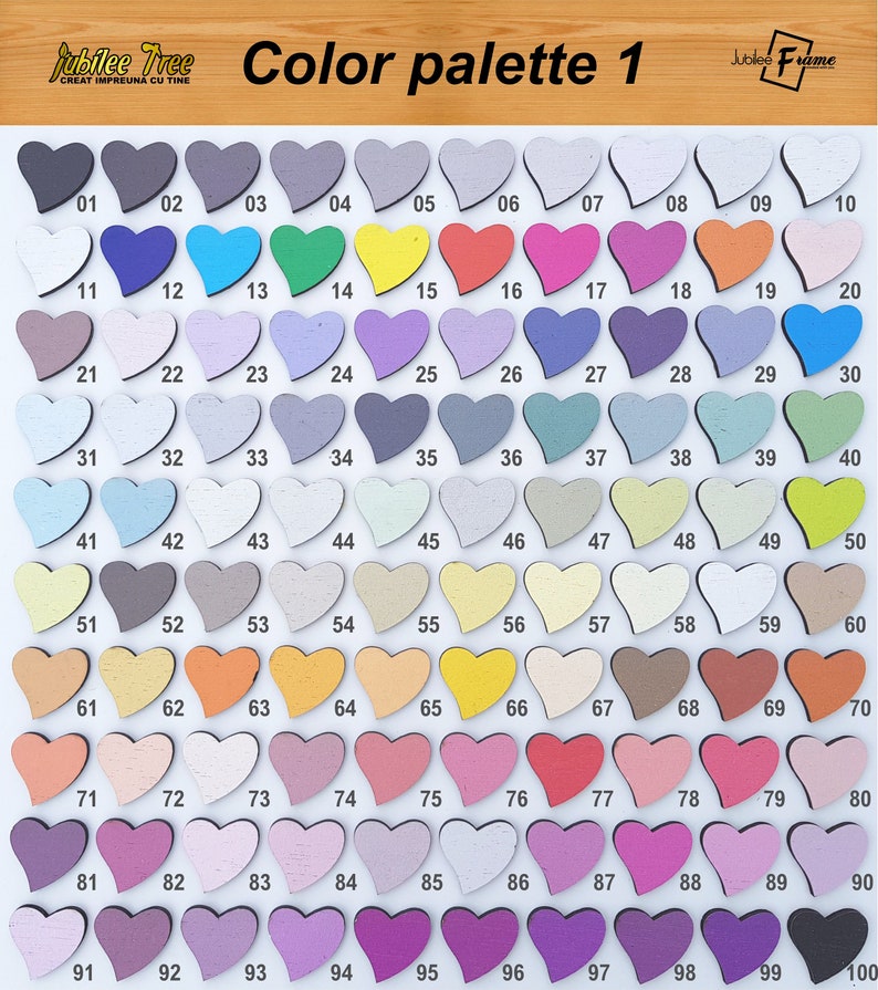 May include: A color palette chart with 100 different shades of paint displayed in heart shapes. The chart is labeled "Color palette 1" and is part of a larger collection called "Jubilee Tree".