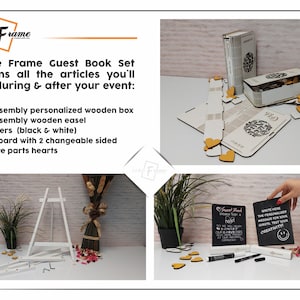 May include: A white wooden easel with a black chalkboard sign that says "Guest Book Drinks Sign a Heart". The sign is decorated with gold hearts. There are two black markers and a white wooden box with a lid. The box is decorated with a floral design and has a small wooden heart on the front.