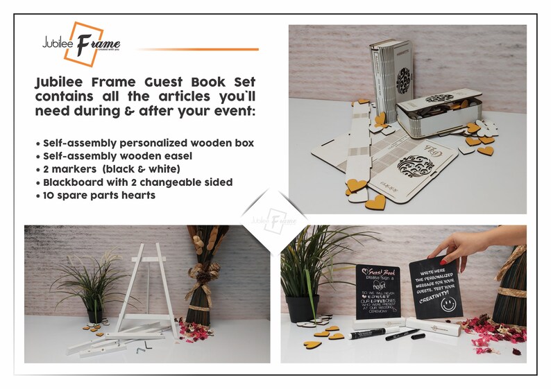 May include: A white wooden easel with a black chalkboard sign that says "Guest Book Drinks Sign a Heart". The sign is decorated with gold hearts. There are two black markers and a white wooden box with a lid. The box is decorated with a floral design and has a small wooden heart on the front.