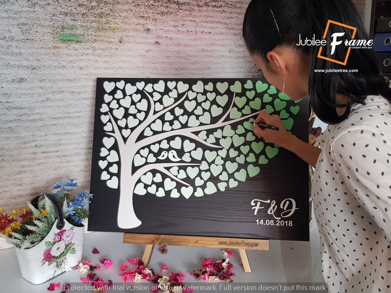 Tree with Green White leaves Wedding Tree guest book Alternative Guestbook wood hearts Rustic wedding Unique Custom Guest book sign in