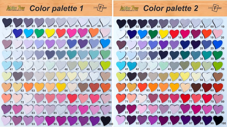 May include: Two color palettes, each with 100 heart-shaped wooden pieces, arranged in rows. The first palette features a variety of pastel colors, while the second palette features a variety of darker colors.