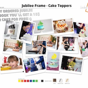 May include: Collage of images showcasing various cake toppers for weddings and special occasions. The toppers feature different designs, including a motorcycle, a couple dancing, a cat, a moon, and a heart with the word "Love". The text "FOR ANY ORDERED JUBILEE GUEST BOOK YOU'LL GET A 15$ TOPPER CAKE FOR FREE! :)" is visible at the top of the image.