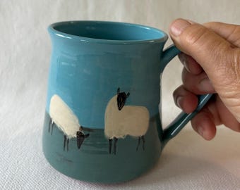 Handmade Pottery Sheep Mug: Turquoise Glazed Ceramic Coffee Cup