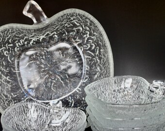 Retro Ravenhead 1970, 7 Piece  Apple Shaped Trifle Fruit dishes, Serving Bowl Set with textured bark effect, Vintage Pressed Glass
