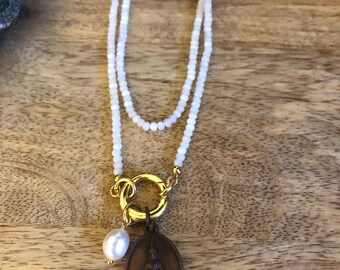 White Moonstone Gemstone Choker Necklace stone of new beginnings, Vintage Buddha Pendant from Thailand,  empowering necklace, faceted beads