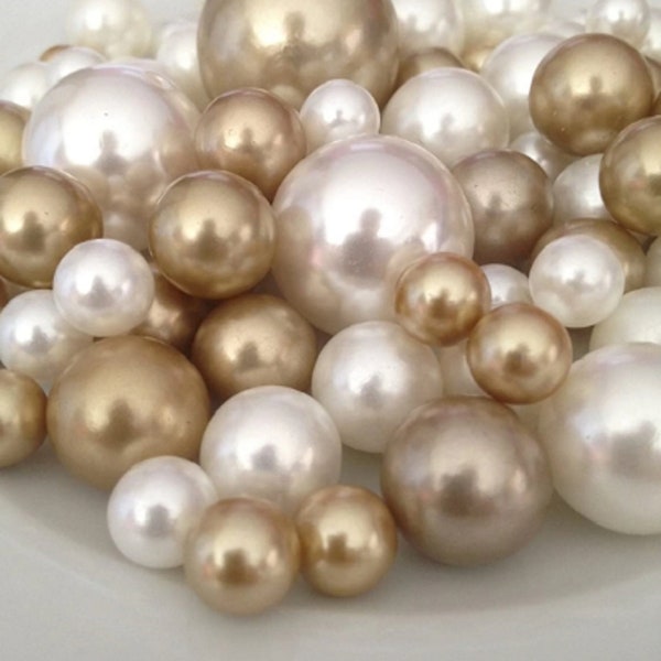 100 Champagne And Ivory Pearls - Wedding  Event  Party Centerpieces, Vase Filler Pearls Decor, Use for make up brush holder, DIY Crafting