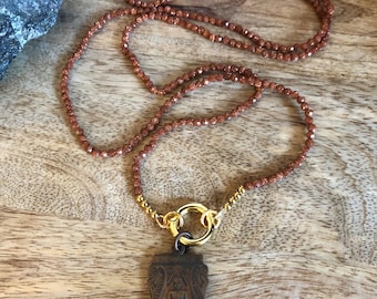 Golden Sand Necklace -stone of prosperity, ambition Amulet Buddha Pendant from Thailand, 3x3 beads, empowering necklace, meditation gifts